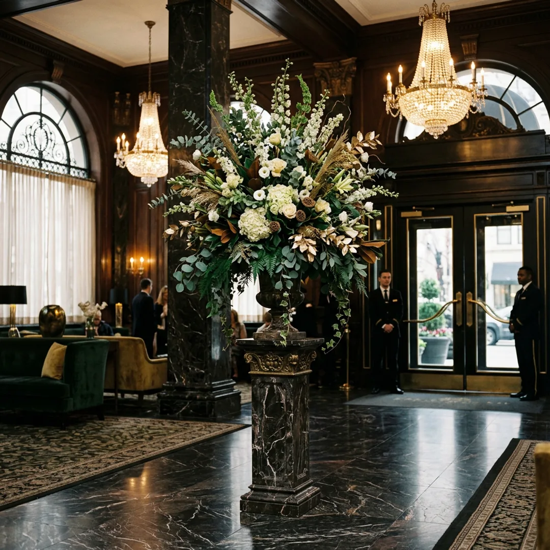 Hotel lobby floral arrangement on marble pedestal