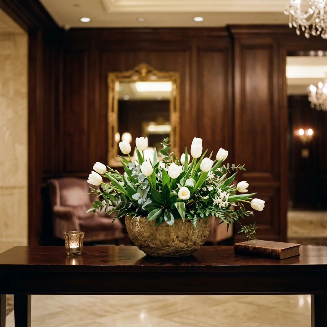Hotel lobby console table with low arrangement