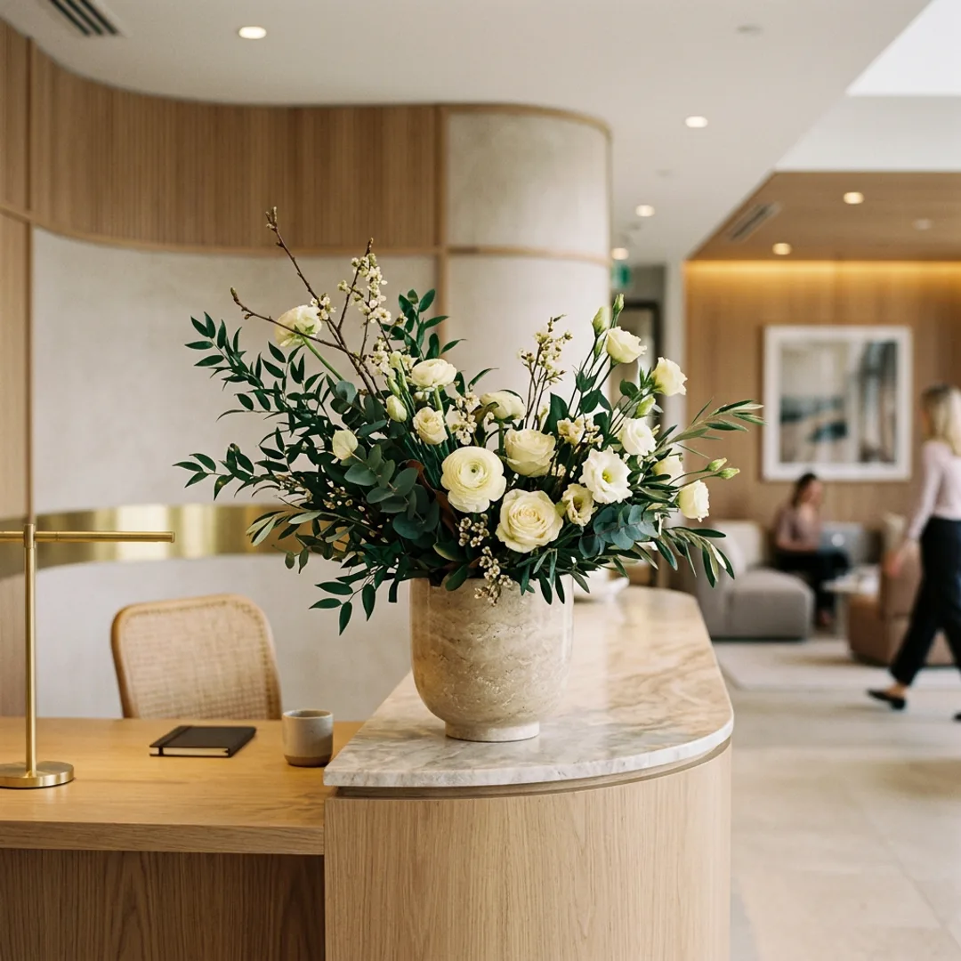 Boutique office reception with floral arrangement