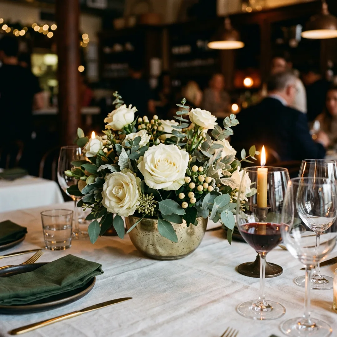 Restaurant table centerpiece with white roses