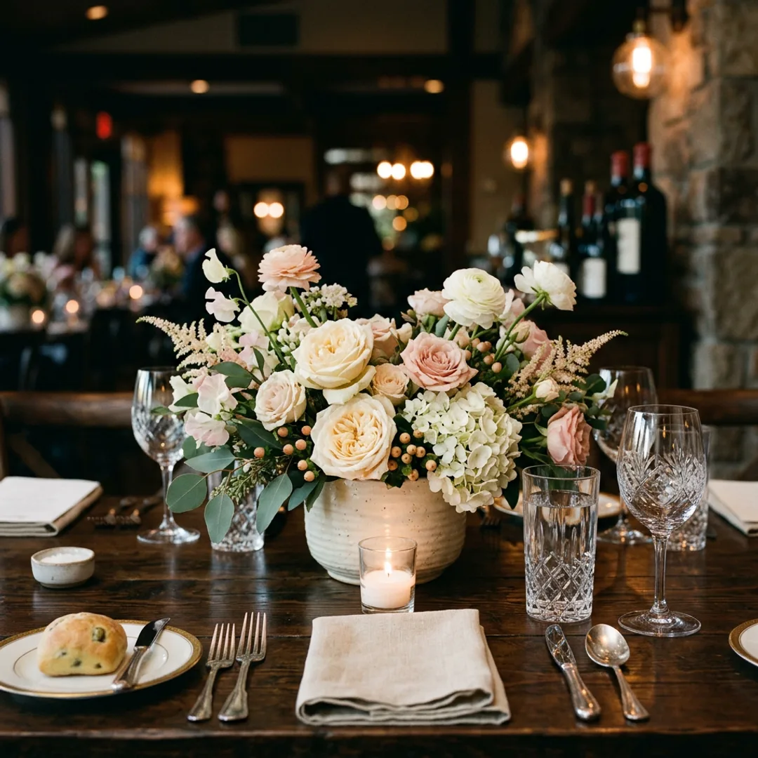 Upscale restaurant table with seasonal centerpiece